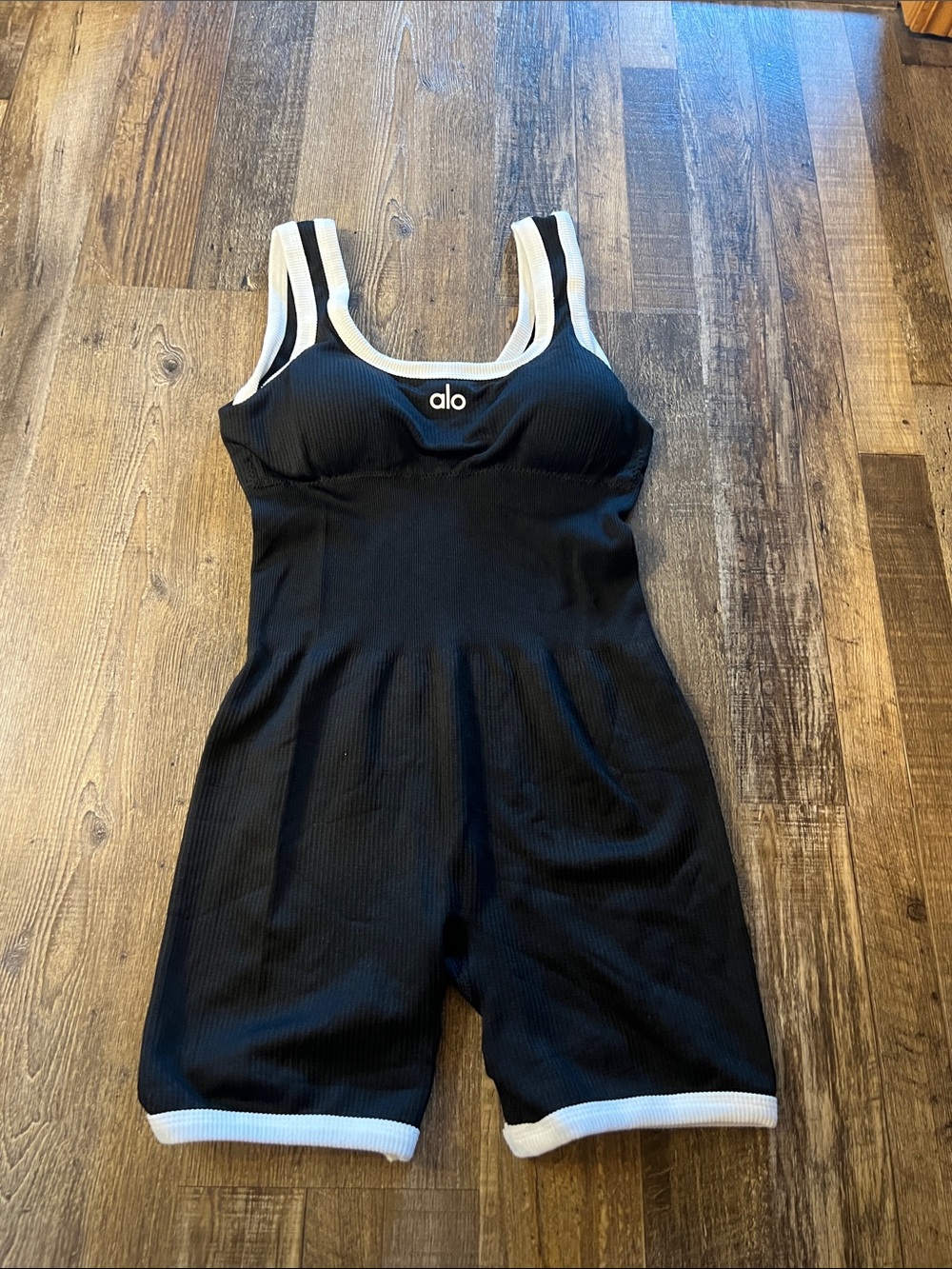 ALO Yoga Black One-Piece Romper with White Trim